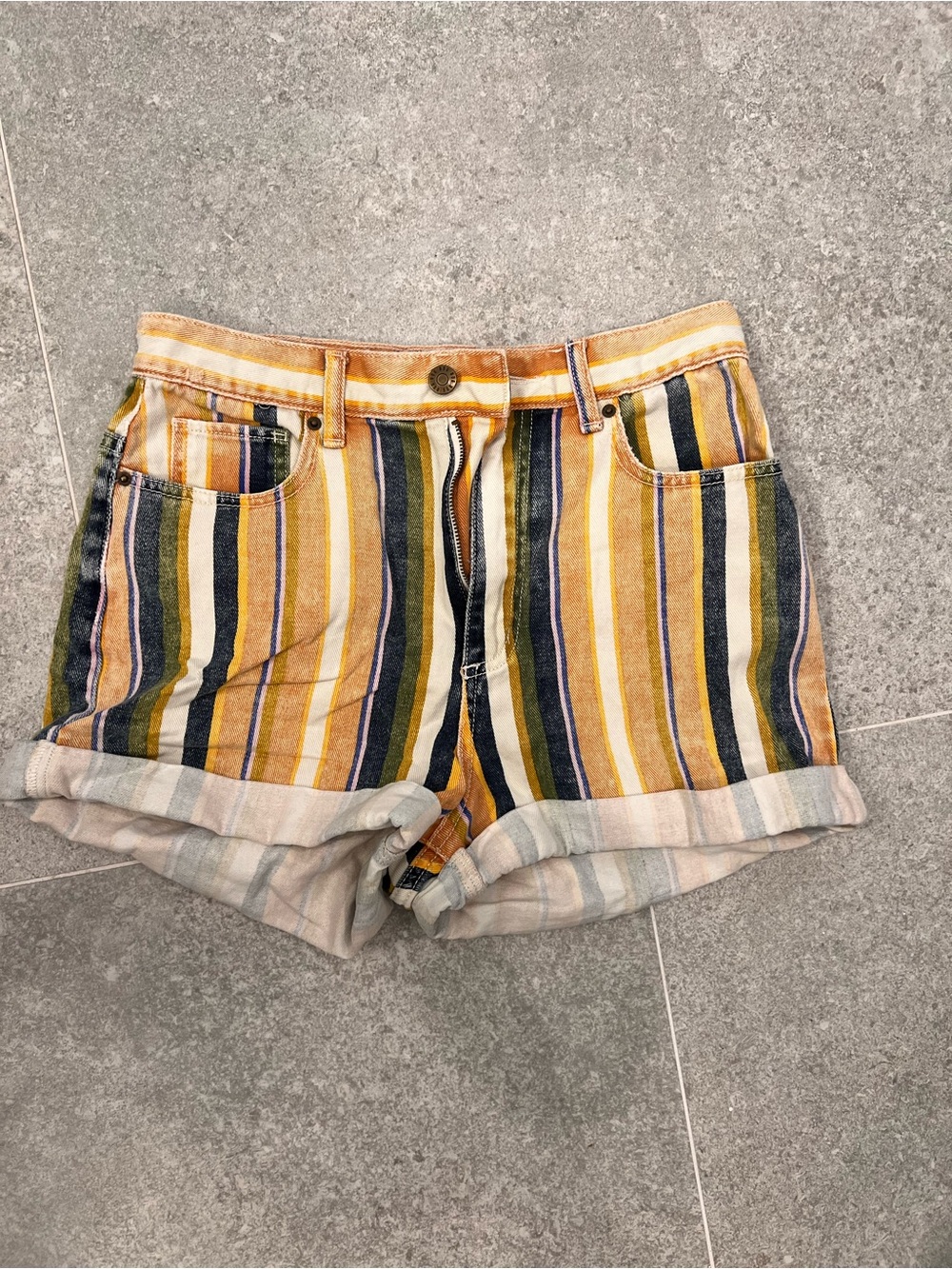 BDG Multi-Stripe Rolled-Hem Jean Shorts - Yellow, Navy, Olive
